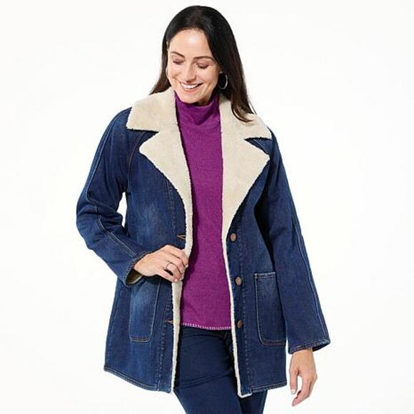 DG2 by Diane Gilman Vintage-Style Denim Sherpa Coat Indigo. Size Large - Picture 1 of 9